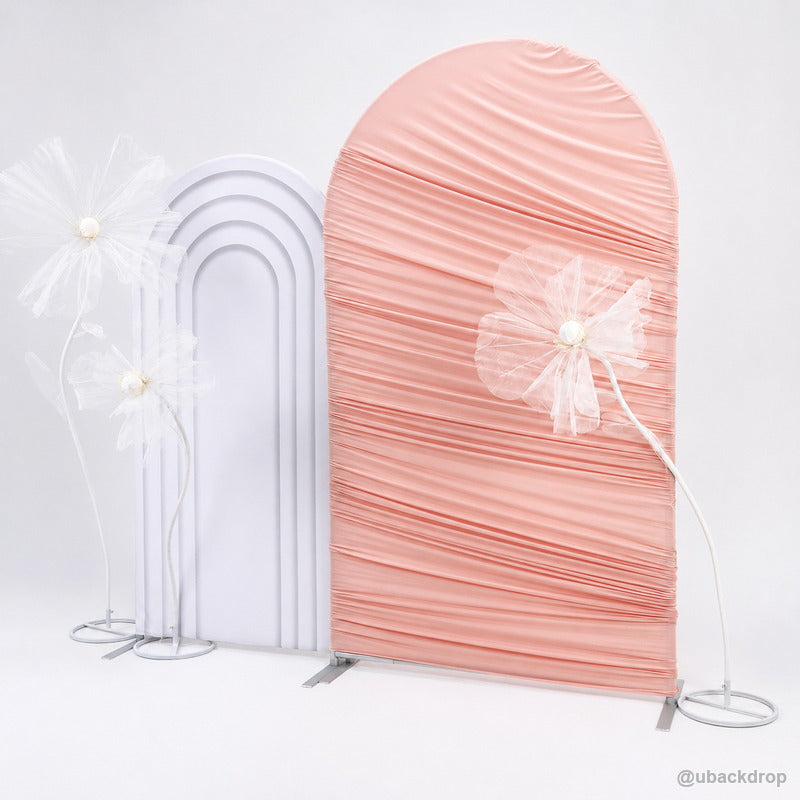 Pink horizontal ruched arch white panel floral event backdrop