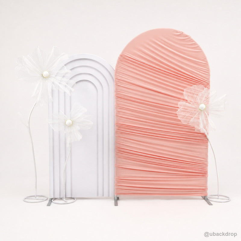 Pink horizontal ruched arch white panel flower backdrop display