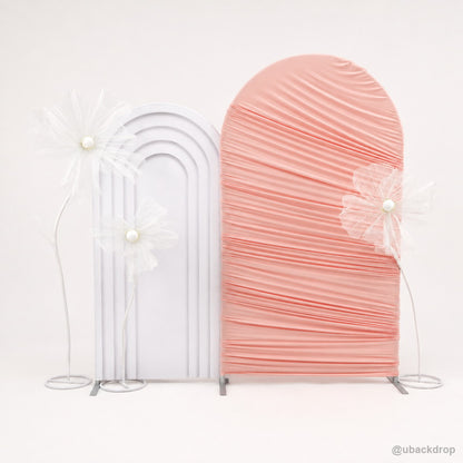 Pink horizontal ruched arch white panel flower backdrop display
