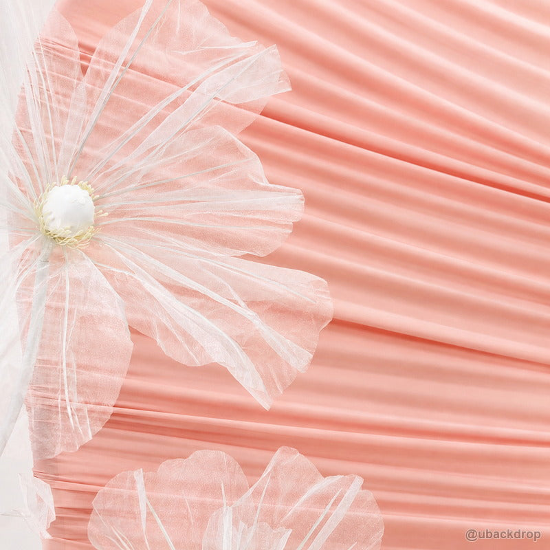 Pink horizontal ruched fabric flower backdrop closeup detail