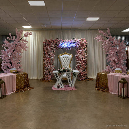 Pink rose flower wall quinceanera throne chair event backdrop