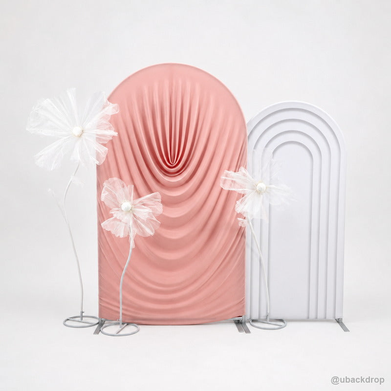 Pink ruched arch white frame flower event backdrop display