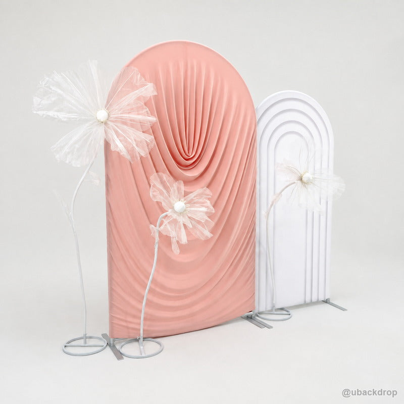 Pink ruched arch white panel flower party backdrop display