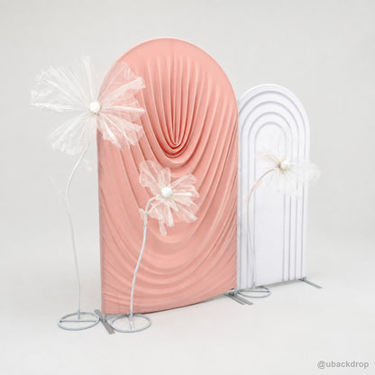 Pink ruched arch white panel flower party backdrop display