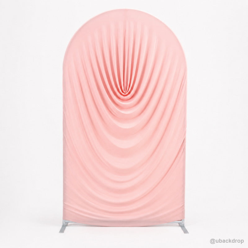 Pink ruched fabric arch party stand front product display