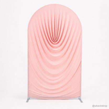 Pink ruched fabric arch party stand front product display