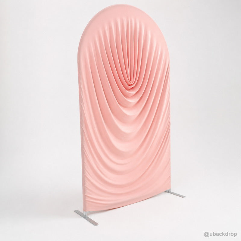 Pink ruched fabric arch party stand left side view