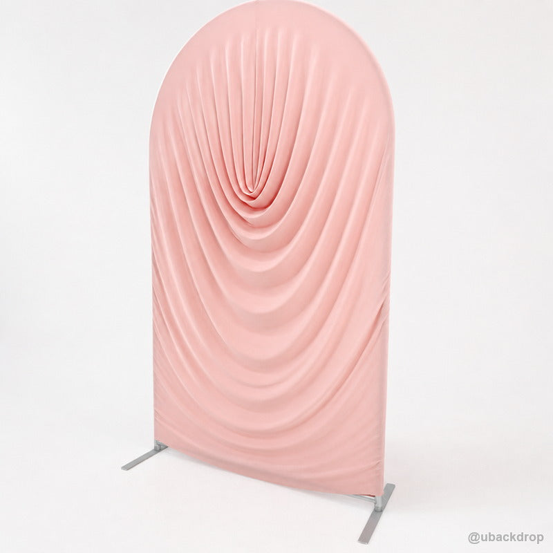 Pink ruched fabric arch party stand right side view