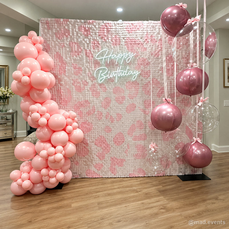 Pink white sequin wall birthday neon balloon party backdrop display 2