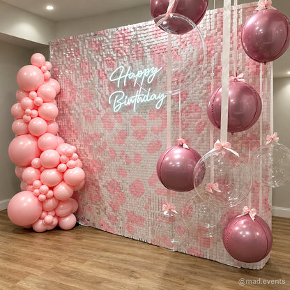 Pink white sequin wall birthday neon balloon party backdrop display