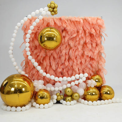 Boho Pink Orange Feather Backdrop with Gold Mirror Balls – 8x8ft Flower Wall Stand and 6.5ft Crescent Moon Frame for Wedding, Birthday, Baby Shower, and Event Decoration