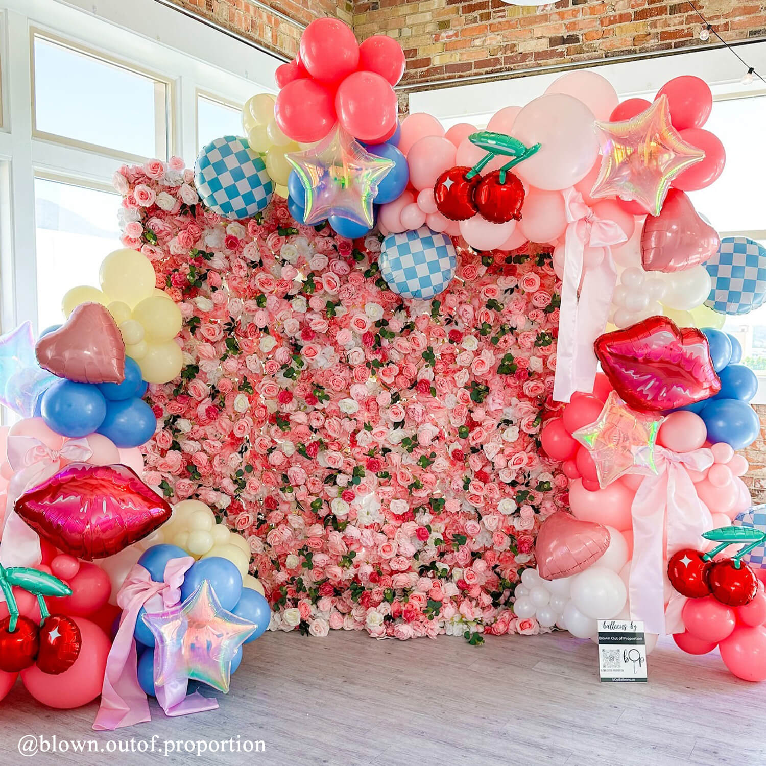 Wedding Flower Wall Backdrop Polyester Fabric Pink Bridal Brick Floral Blossom Romantic Rose Plant Elegant 7Wx5H