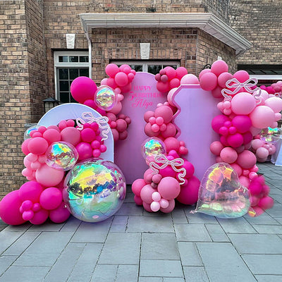 Pink Balloon Arch & Backdrop Decoration Set with Rainbow Mirror Balls – Birthday, Baby Shower, Wedding Party Decor