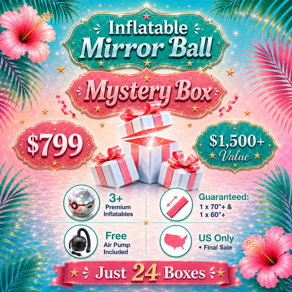 Promotional poster for an inflatable mirror ball mystery box sale
