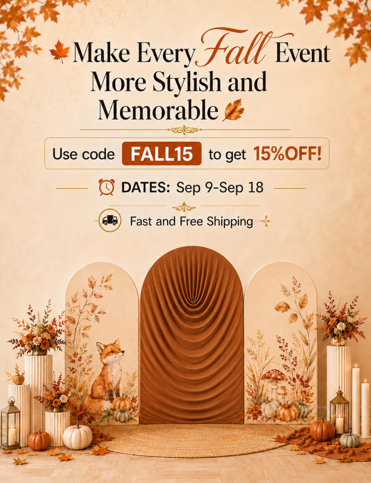 Promotional poster for fall events with discount code and autumn decorations