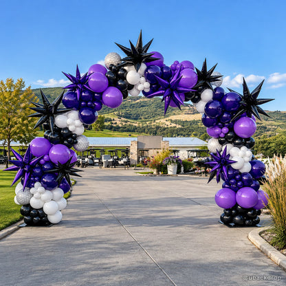 Purple black star balloon arch outdoor golf party entrance display