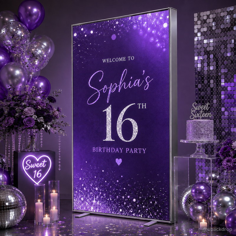 Purple sweet sixteen LED light box party stand backdrop