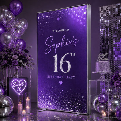 Purple sweet sixteen LED light box party stand backdrop
