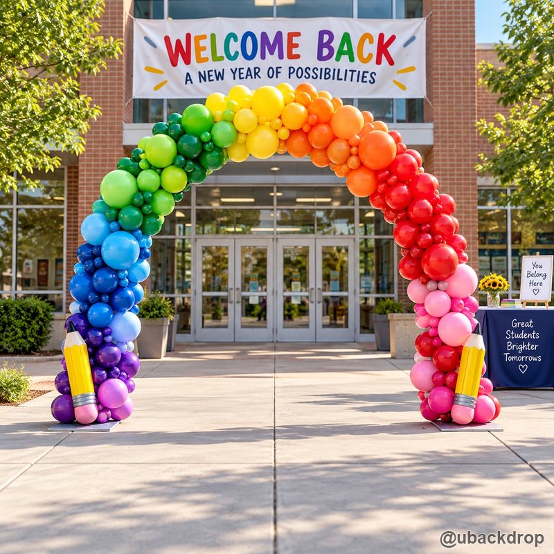 Rainbow back to school balloon arch welcome event entrance decoration