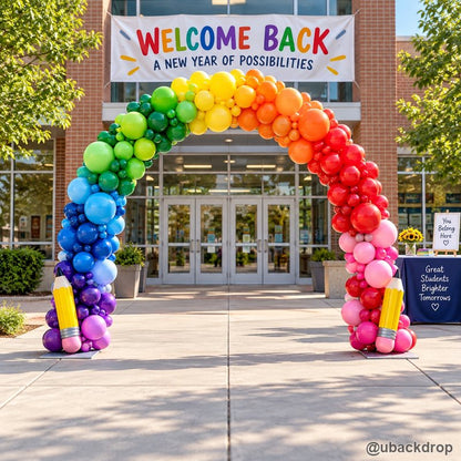 Rainbow back to school balloon arch welcome event entrance decoration