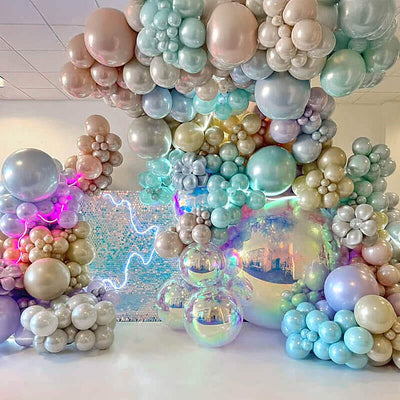 Rainbow Inflatable Mirror Ball and Blue Shimmer Wall Backdrop Set – Iridescent Bubble Balloons with Shimmer Panels for Wedding, Birthday Party, Baby Shower, and Event Decoration