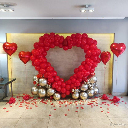 Red balloon heart romantic indoor valentine party backdrop display