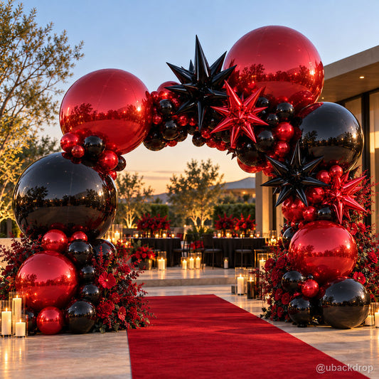 Red black mirror balloon arch outdoor event entrance display