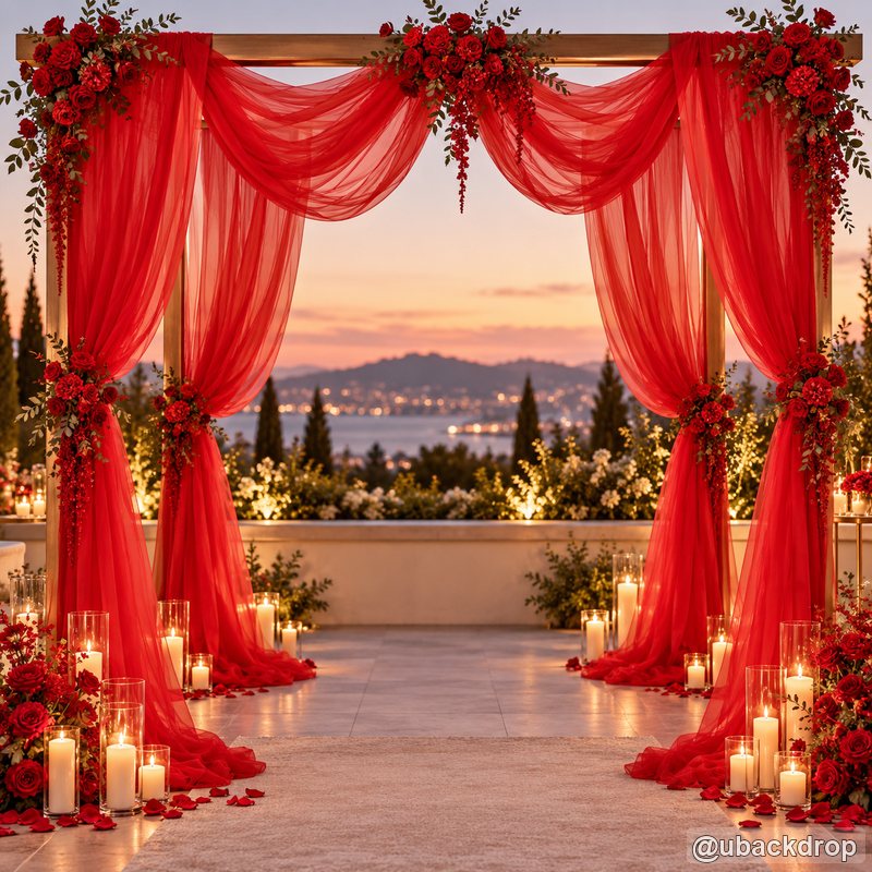 Red drapery wedding party stand sunset ceremony backdrop