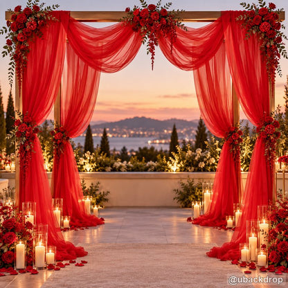 Red drapery wedding party stand sunset ceremony backdrop