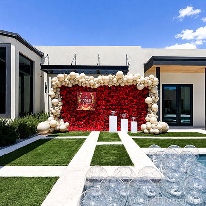 Red floral balloon party stand outdoor backdrop