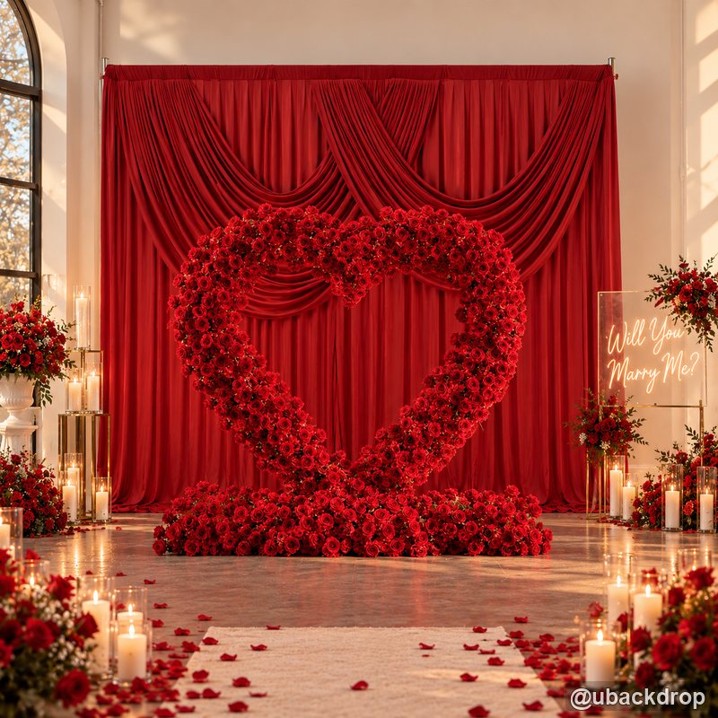 Red heart floral drapery wedding backdrop romantic event display