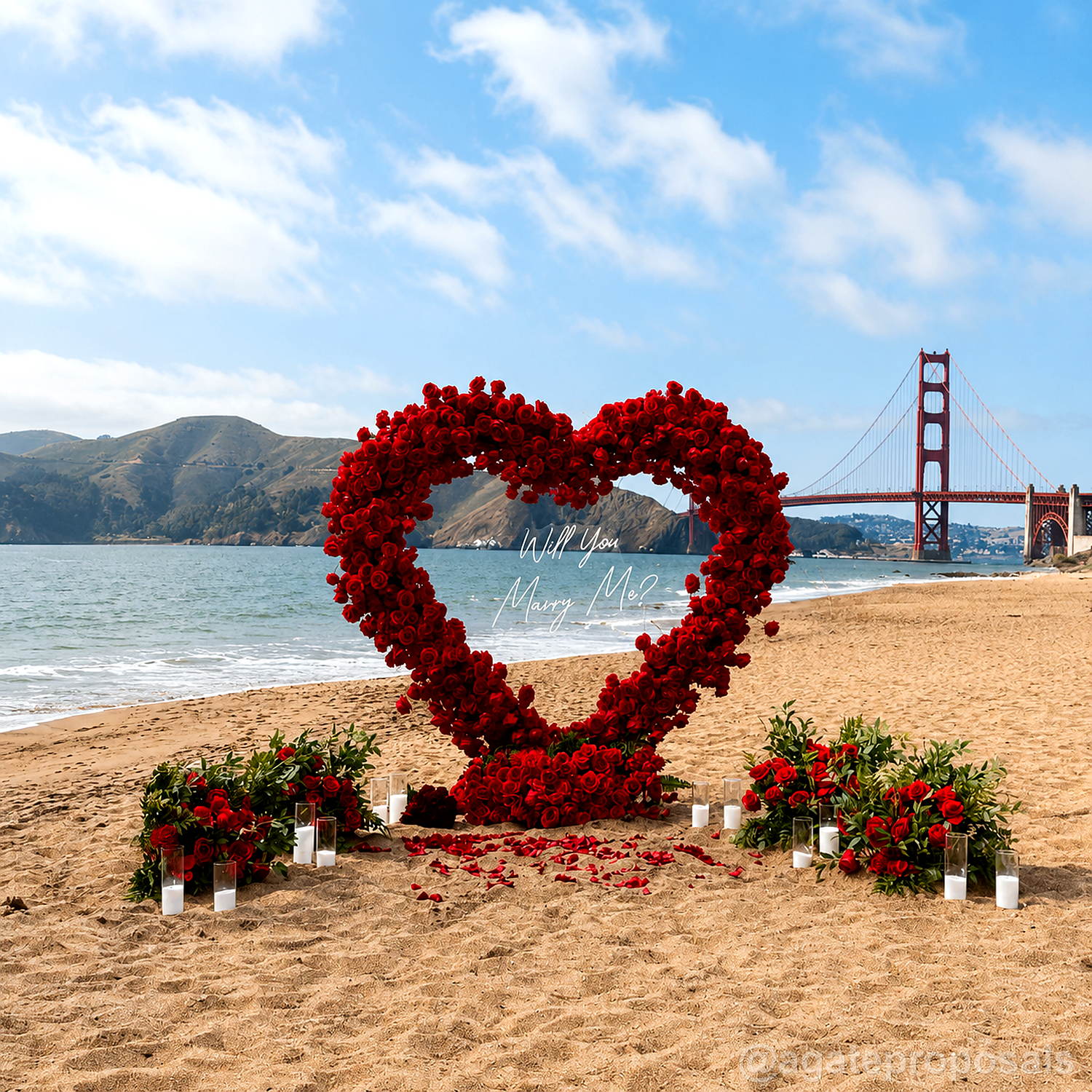 Red heart flower wall beach proposal ceremony backdrop