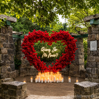 Red heart flower wall romantic proposal candle backdrop
