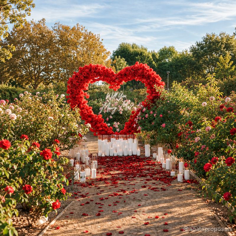 Red rose heart proposal arch candlelit garden wedding event display