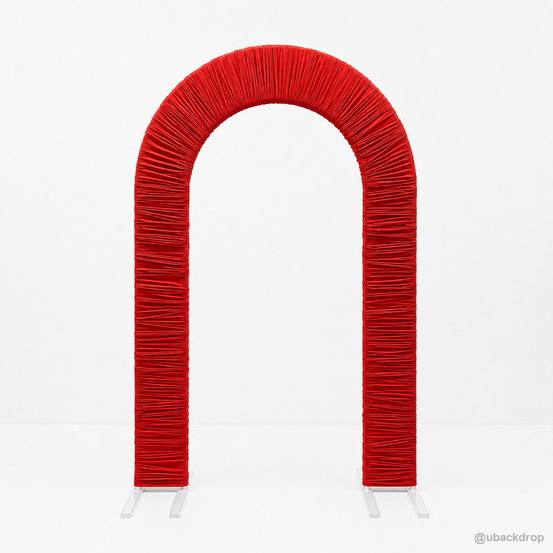 Red ruched fabric arch party stand product front view