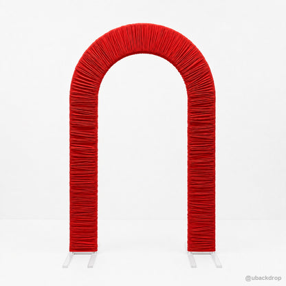 Red ruched fabric arch party stand product front view