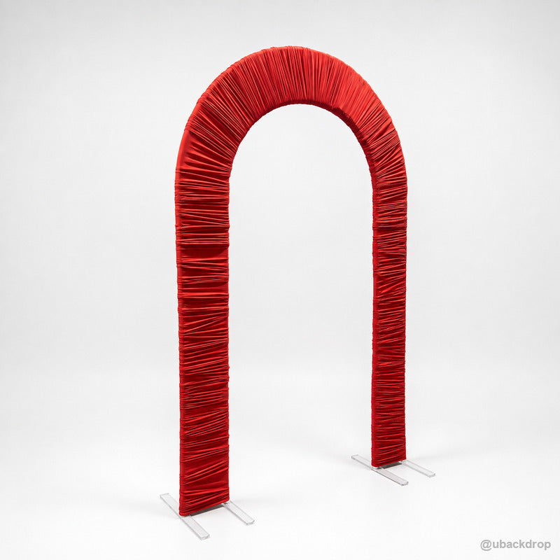 Red ruched fabric arch party stand product side view