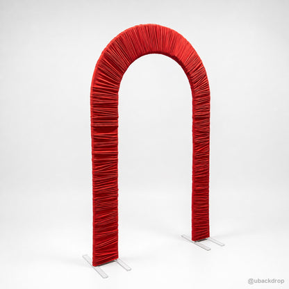 Red ruched fabric arch party stand product side view