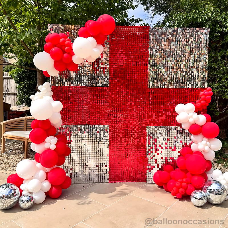 Red sequin shimmer wall balloon cross party backdrop
