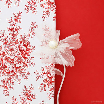 Red toile fabric panel flower detail party backdrop decor