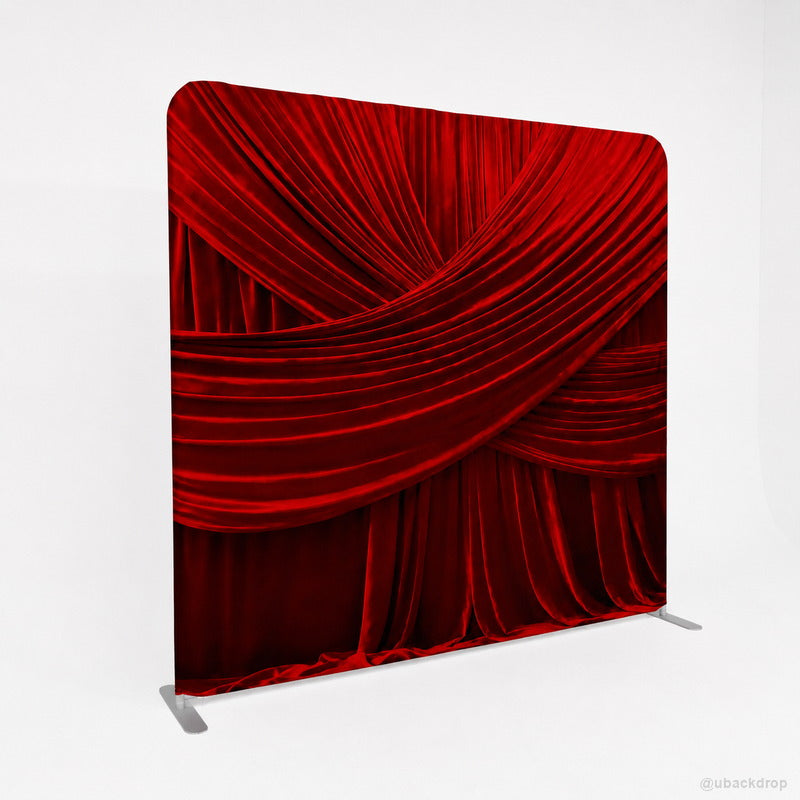 Red velvet draped wall party stand event photo backdrop