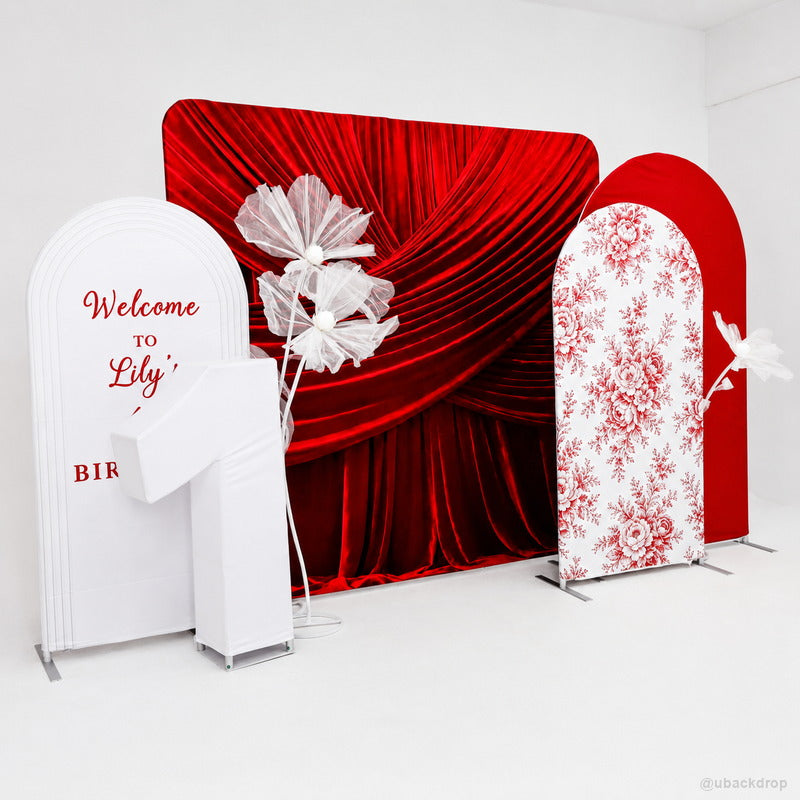 Red white arch party stand birthday event photo backdrop
