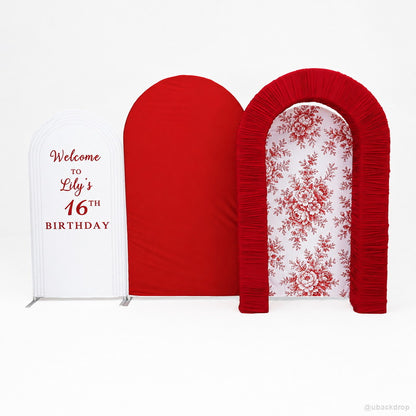 Red white arched panel party stand birthday photo backdrop