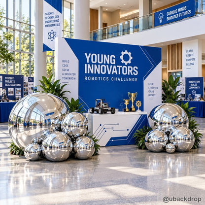 Reflective silver inflatable balls school robotics event stage display