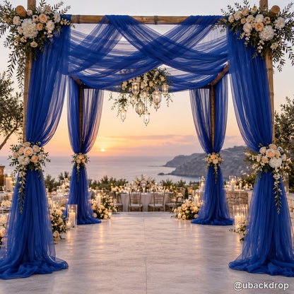 Royal blue drapery wedding party stand sunset ceremony backdrop