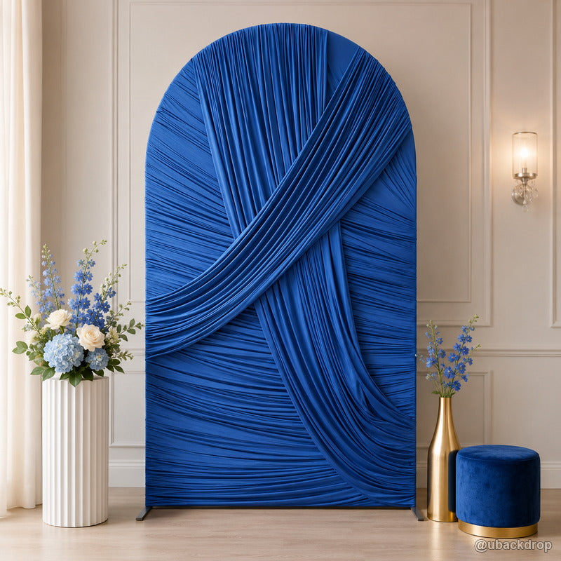 Royal blue ruched fabric arch luxury party stand backdrop