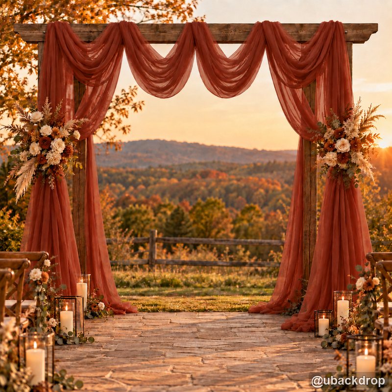 Rust orange drapery wedding party stand vineyard autumn backdrop
