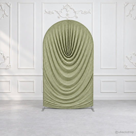 Sage green cowl draped chiara arch backdrop ornate wall scene