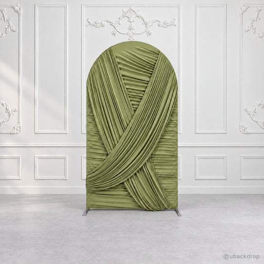 Sage green crisscross pleated chiara arch backdrop ornate wall scene