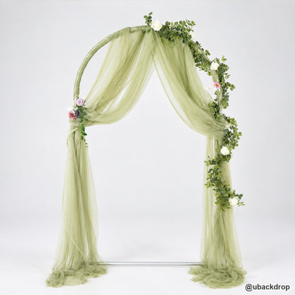 Sage green fabric arch wedding backdrop stool floral garland event decor display